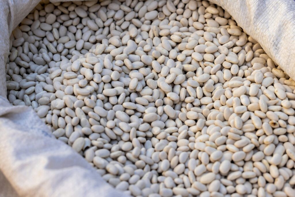 Close-up of raw navy beans in a sack, highlighting their texture and natural color.