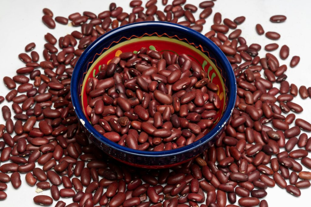 Red kidney beans in a colorful bowl surrounded by more beans. Perfect for healthy eating themes.
